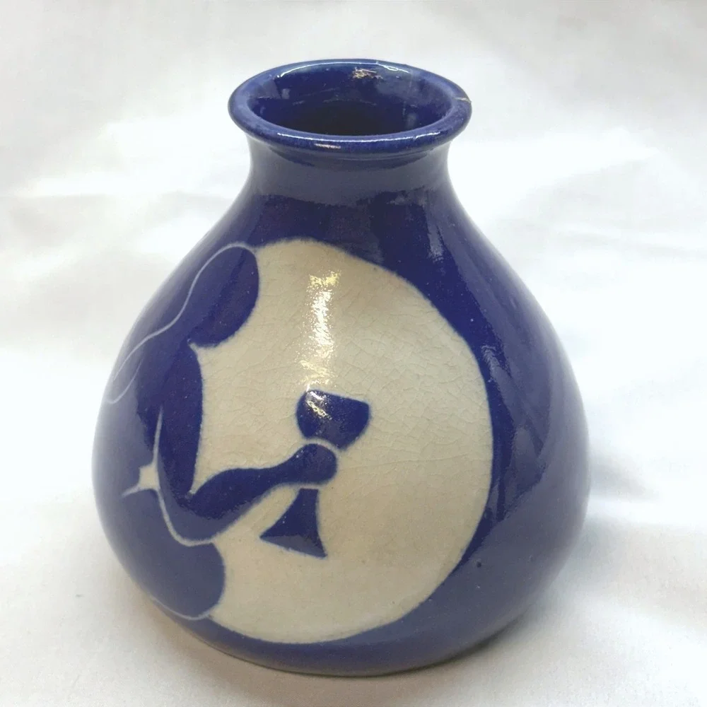 Handmade Studio Pottery Bud Vase Unisex Small Blue Good Signed Woman Moon